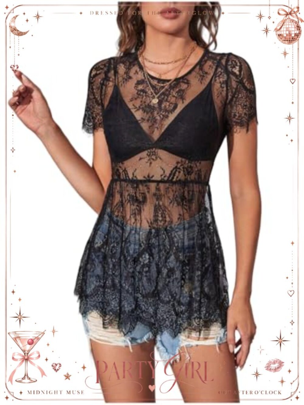 Women Polka Dots Sheer Mesh Ruffle Hem Mini Dress